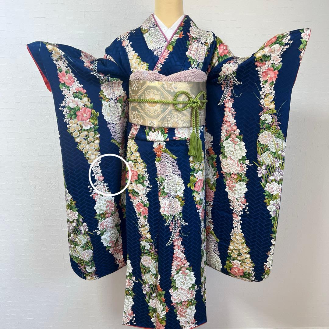 483 振袖フルセット 正絹 紺 ネイビー 小紋 手描き 金彩 華やか レトロ
