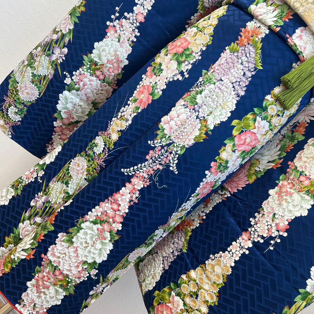 483 振袖フルセット 正絹 紺 ネイビー 小紋 手描き 金彩 華やか レトロ