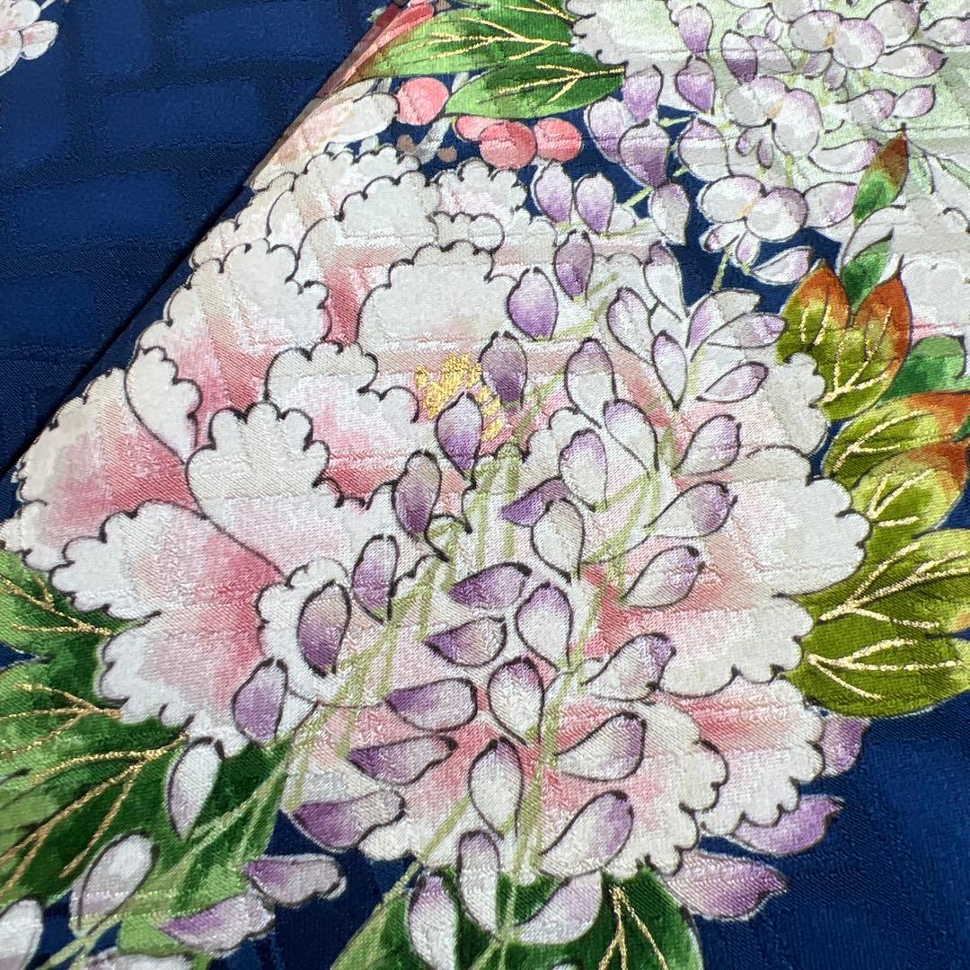 483 振袖フルセット 正絹 紺 ネイビー 小紋 手描き 金彩 華やか レトロ