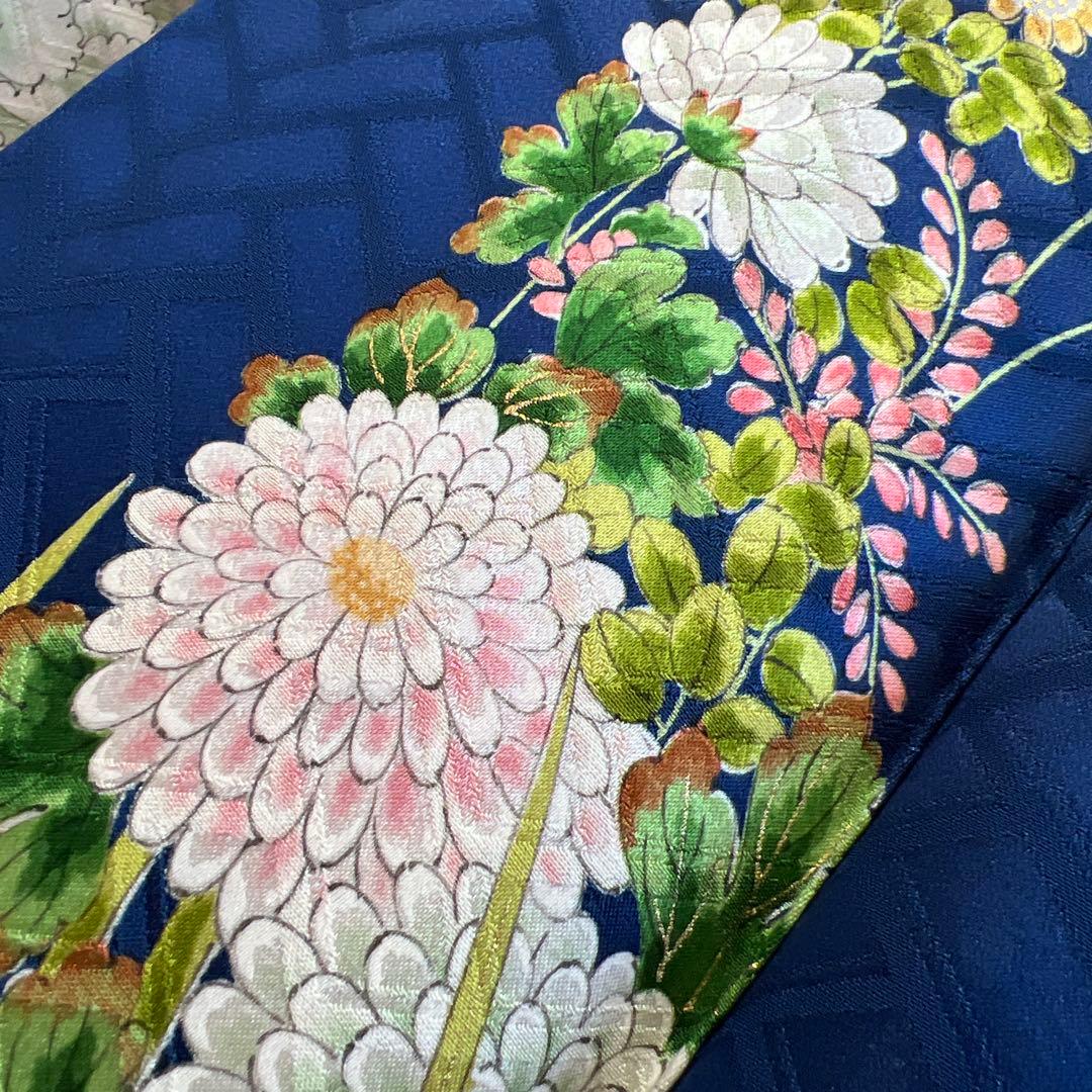 483 振袖フルセット 正絹 紺 ネイビー 小紋 手描き 金彩 華やか レトロ