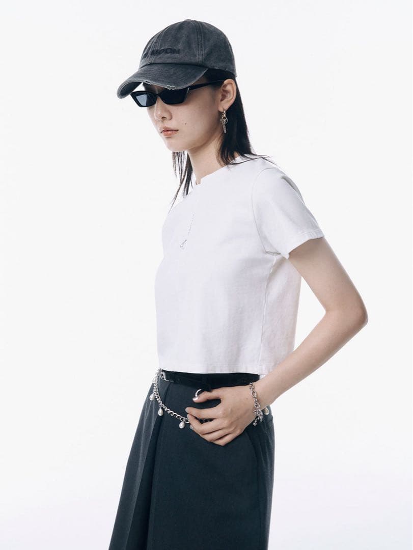 JOSEMOONホワイト クロップド Tシャツ パール付き