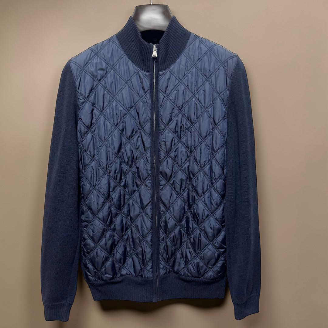 HUGO BOSS キルティング 切替ニットブルゾン ネイビー ウール ジップ