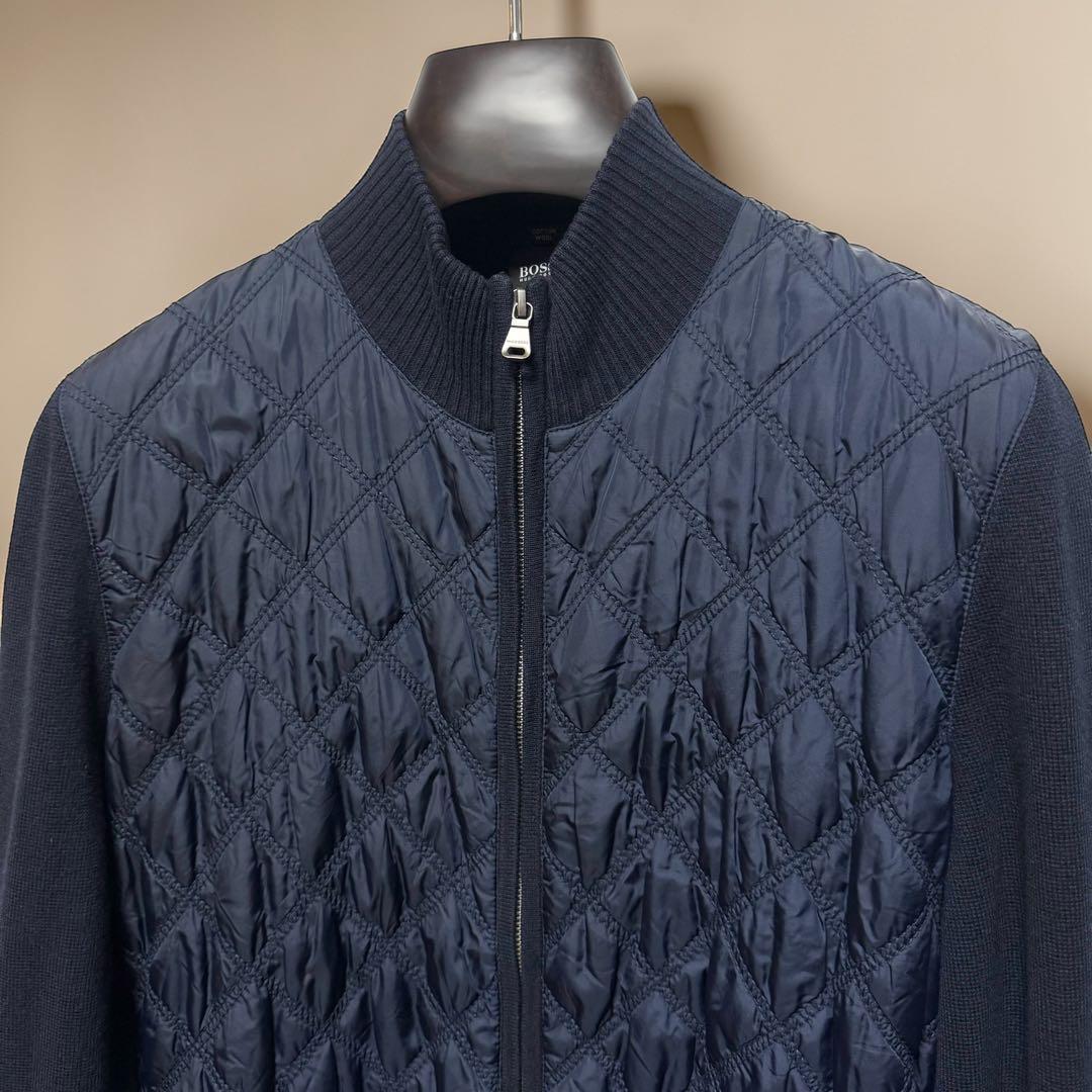 HUGO BOSS キルティング 切替ニットブルゾン ネイビー ウール ジップ