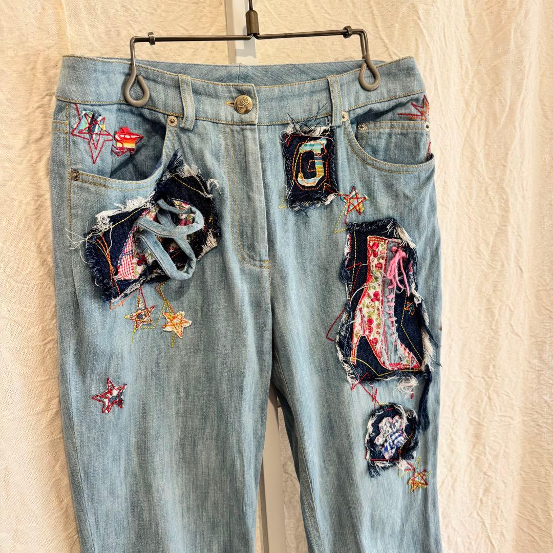 ジョンガリアーノ 2002年 コットン 刺繍 パッチワークフレアデニムパンツ