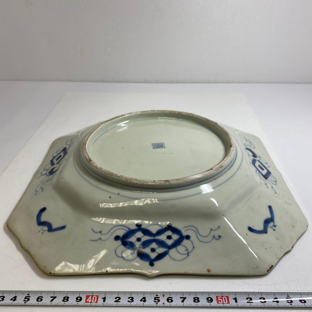 古伊万里　染錦赤絵角皿　木箱付　幅約29.5㎝　東Y7-0404③タコサ