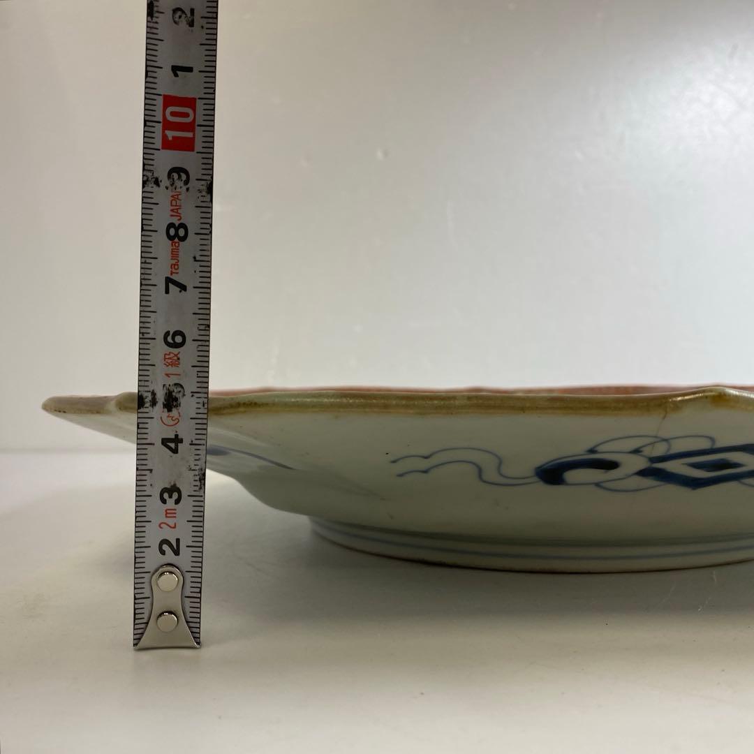 古伊万里　染錦赤絵角皿　木箱付　幅約29.5㎝　東Y7-0404③タコサ