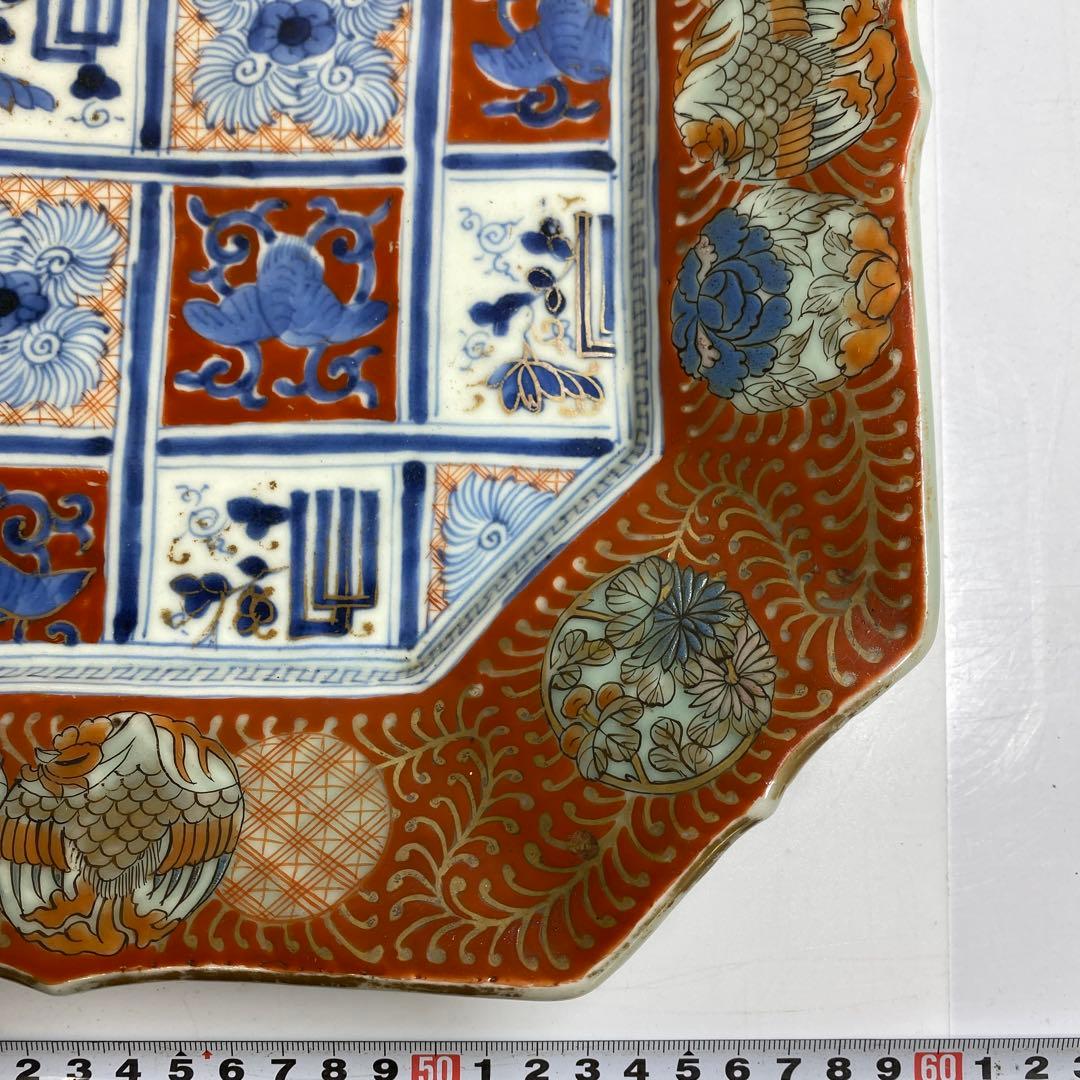 古伊万里　染錦赤絵角皿　木箱付　幅約29.5㎝　東Y7-0404③タコサ