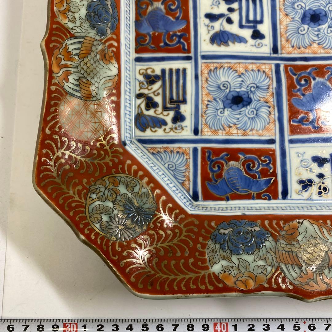 古伊万里　染錦赤絵角皿　木箱付　幅約29.5㎝　東Y7-0404③タコサ