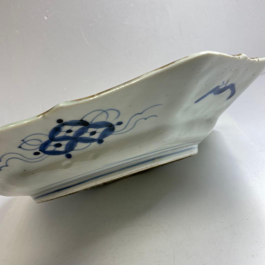 古伊万里　染錦赤絵角皿　木箱付　幅約29.5㎝　東Y7-0404③タコサ