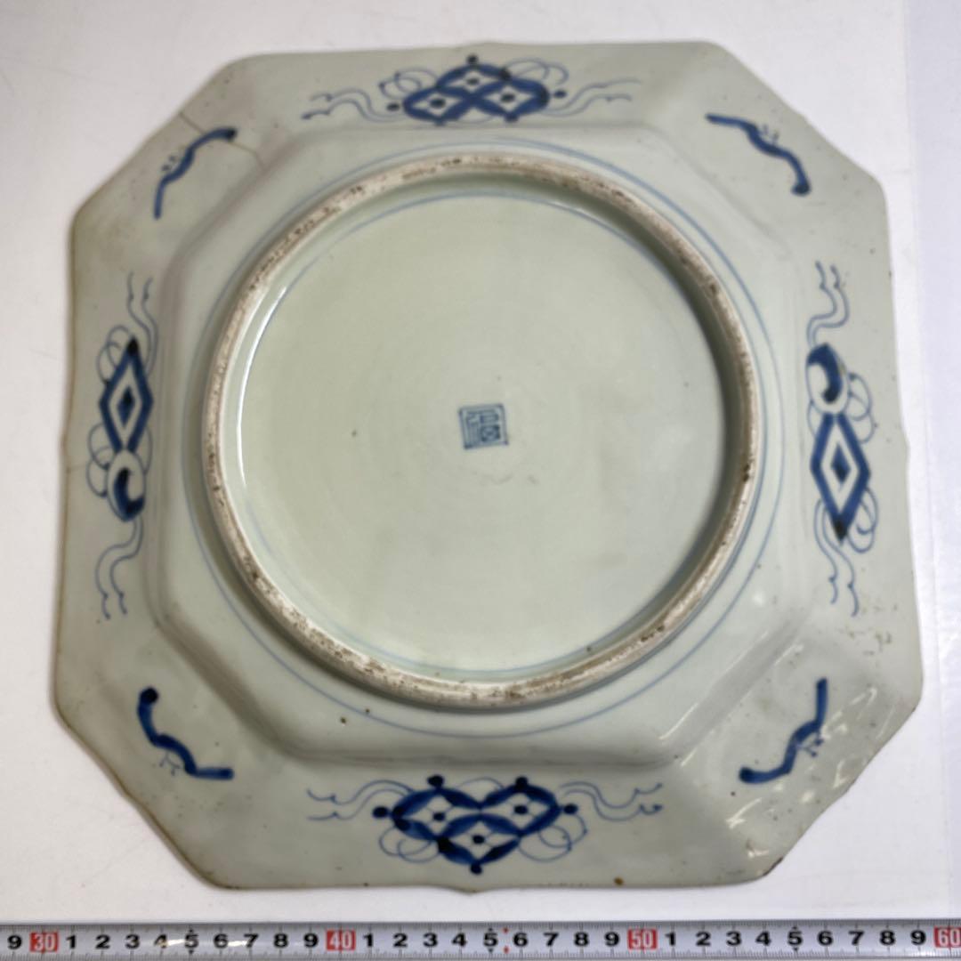 古伊万里　染錦赤絵角皿　木箱付　幅約29.5㎝　東Y7-0404③タコサ