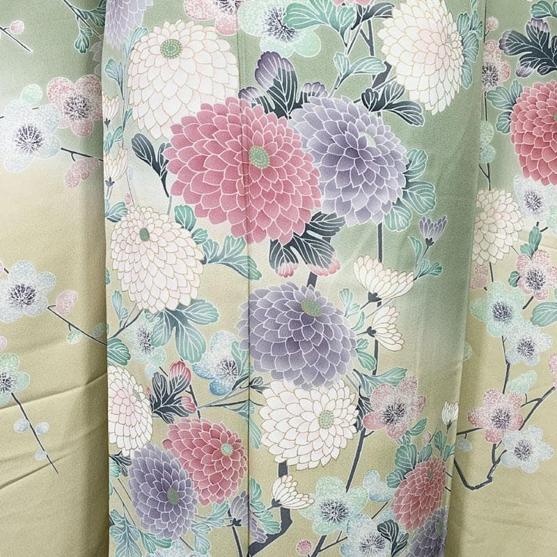 509z23☆振袖 古典柄 友禅 金彩 饅頭菊 梅 くすみ黄緑☆成人式 結婚式