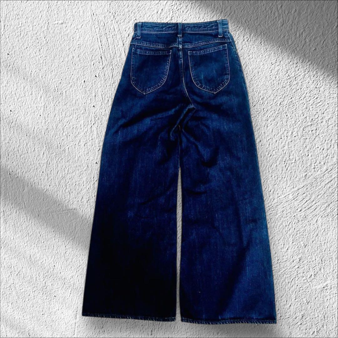 L 美品 【MOUSSY】ワイドデニムパンツ インディゴ 金ボタン ゆったり 2
