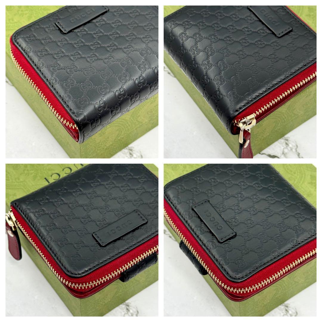 【美品】GUCCI グッチ 二つ折り財布 マイクロ シマ ブラック レッド 財布