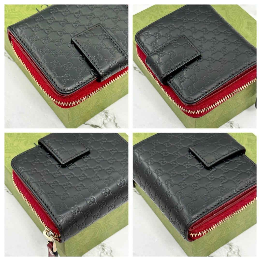 【美品】GUCCI グッチ 二つ折り財布 マイクロ シマ ブラック レッド 財布