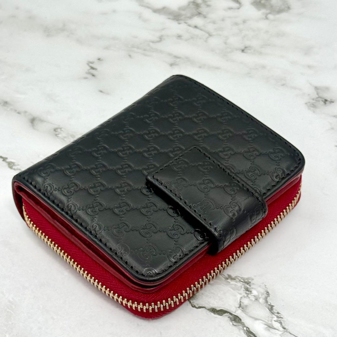 【美品】GUCCI グッチ 二つ折り財布 マイクロ シマ ブラック レッド 財布