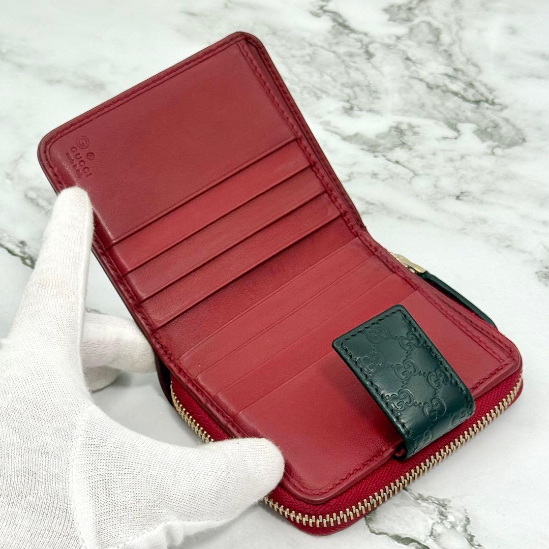 【美品】GUCCI グッチ 二つ折り財布 マイクロ シマ ブラック レッド 財布