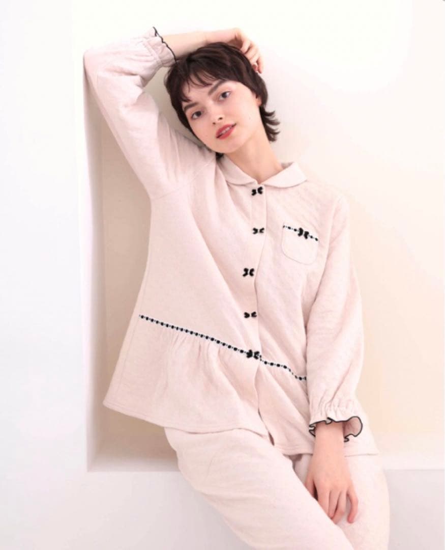 Moon Tan 裏綿接結（綿入り）ハートジャガードペプラムパジャマ M〜L