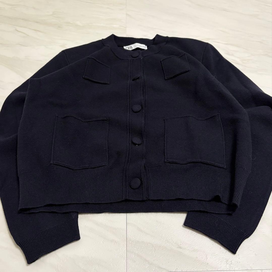 ZARA プレーンニットジャケット　カーディガン ネイビー ショート丈 紺