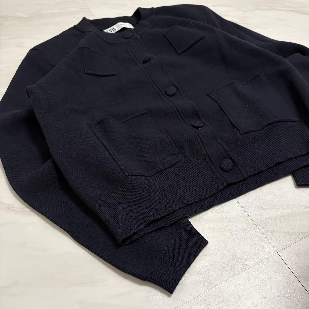 ZARA プレーンニットジャケット　カーディガン ネイビー ショート丈 紺