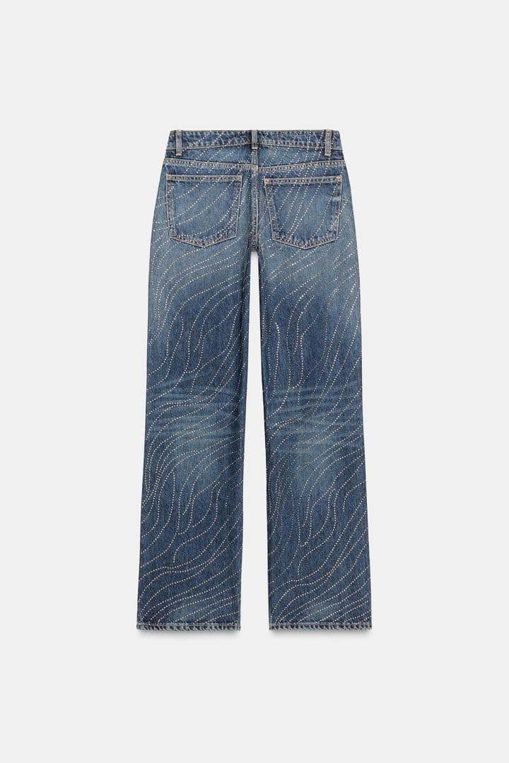 ZARA 定価10,990円 ローライズストラスワイドレッグデニムパンツ 32