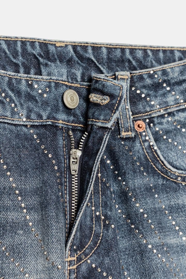 ZARA 定価10,990円 ローライズストラスワイドレッグデニムパンツ 32