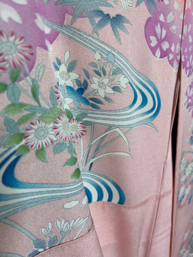 2点セット 振袖桜 流水 袋帯扇面 シルバー ピンク系 帯揚げおまけ