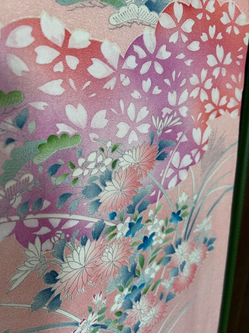2点セット 振袖桜 流水 袋帯扇面 シルバー ピンク系 帯揚げおまけ