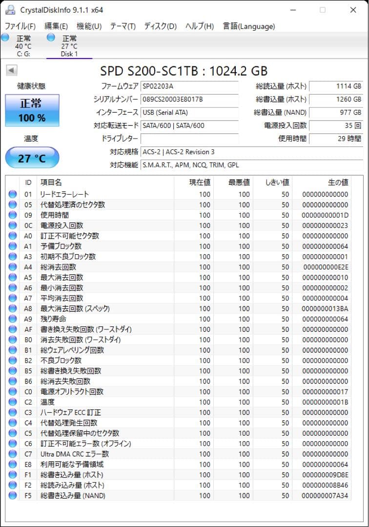 【1TB】SSD 正常100% 使用29時間