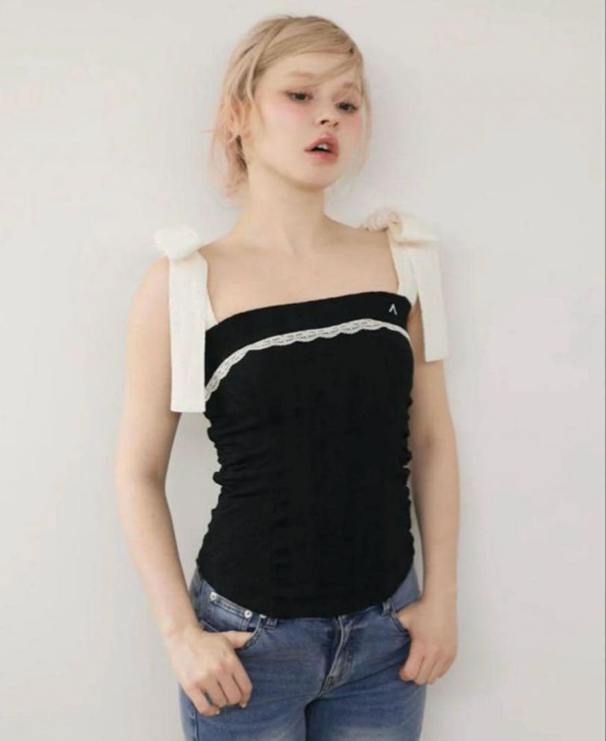 トップス andmary Samantha ribbon tops black