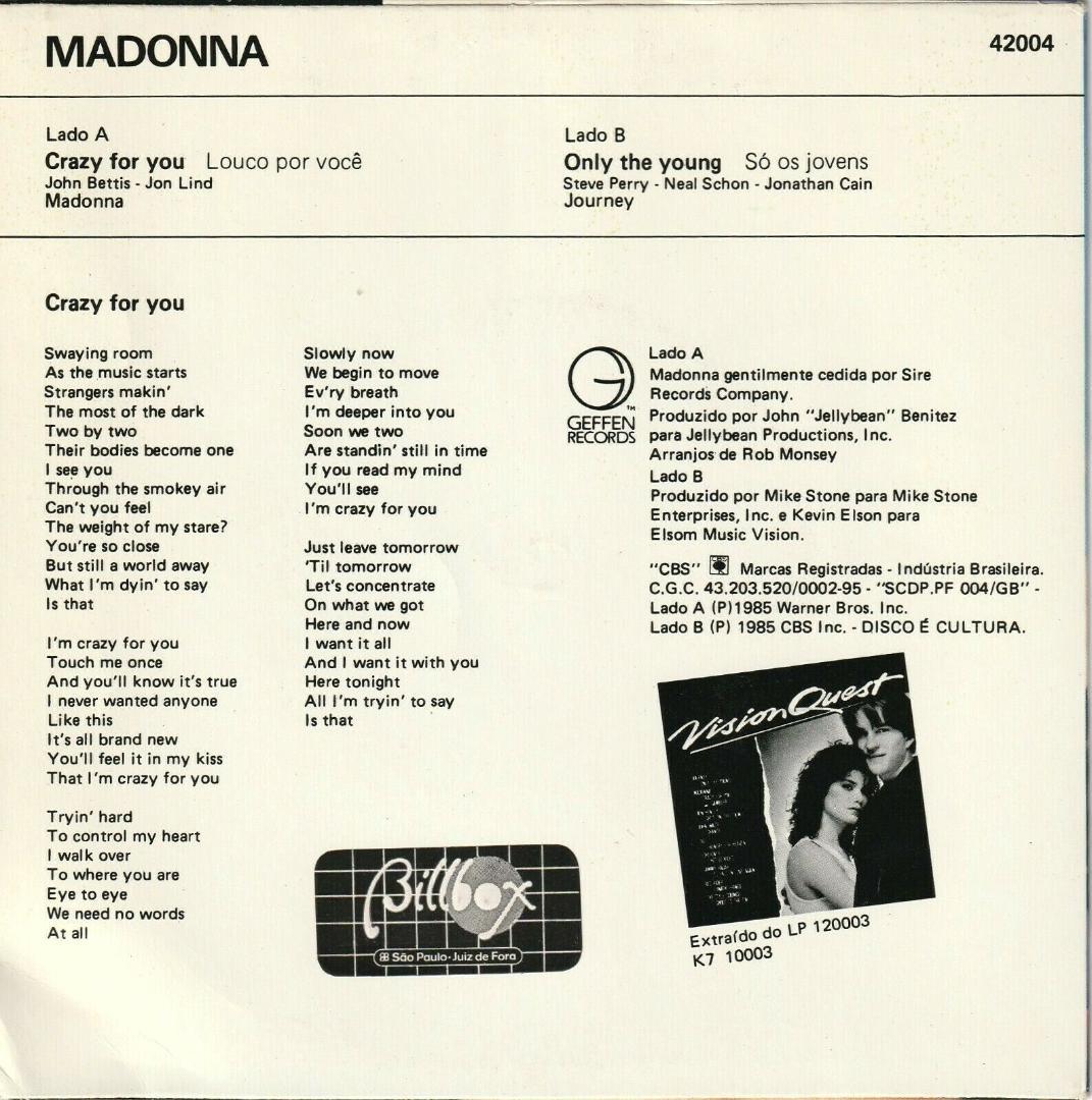 マドンナ　CRAZY FOR YOU　ブラジル盤 ７”シングルレコード