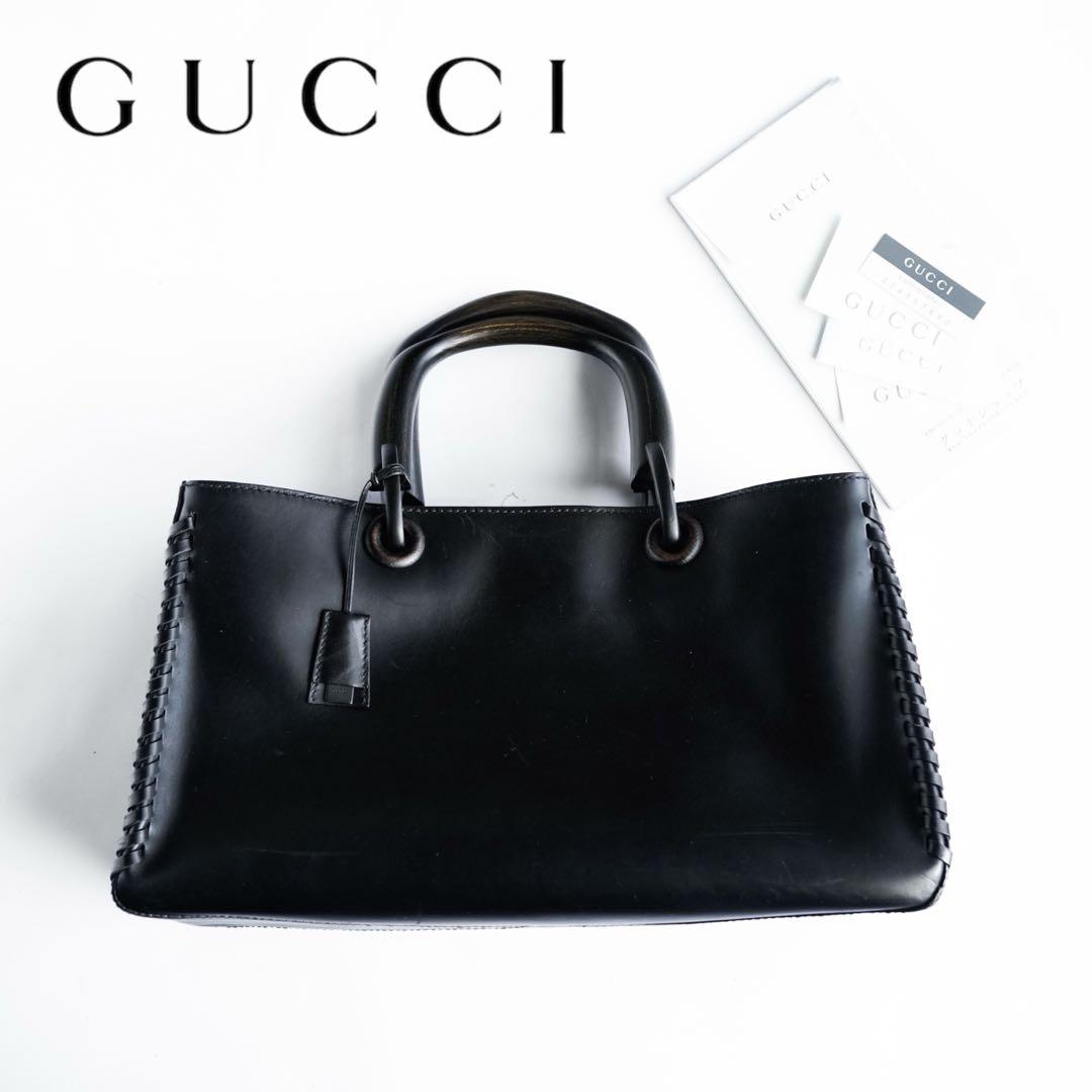バッグ Rare GUCCI Leather Wood Handle Tote Bag