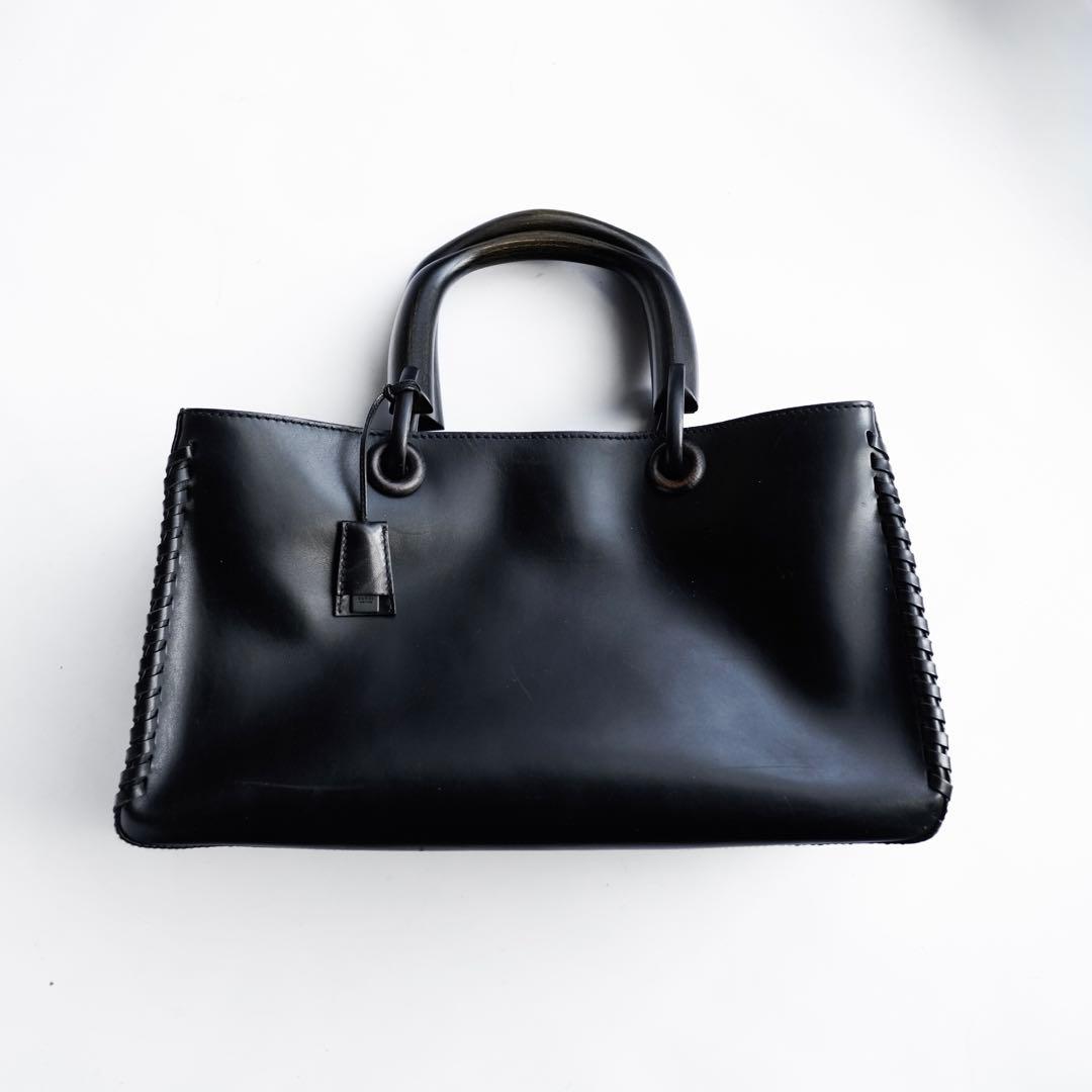 バッグ Rare GUCCI Leather Wood Handle Tote Bag