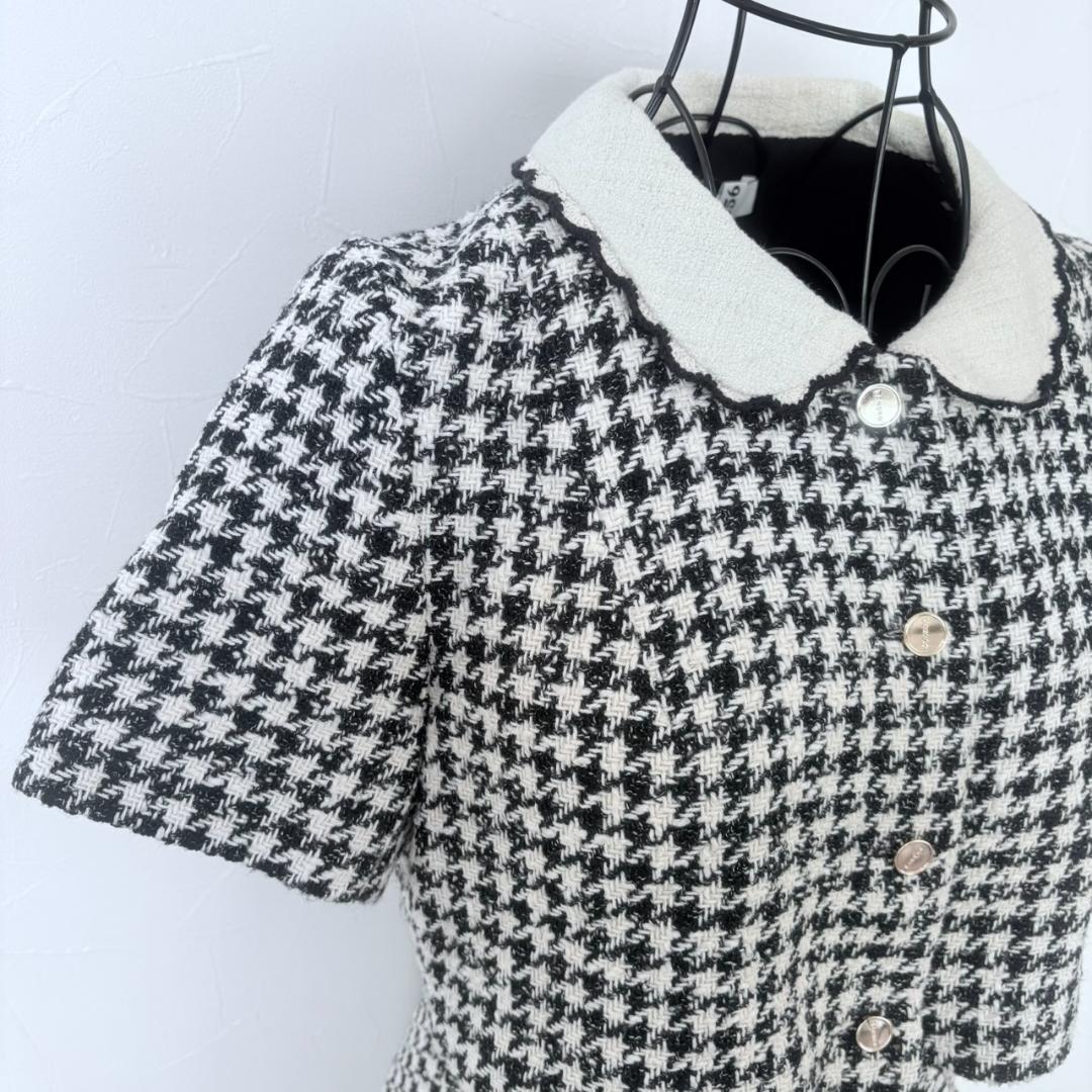 美品 SANDRO サンドロ 千鳥格子 白襟 ワンピース M ハウンドトゥース