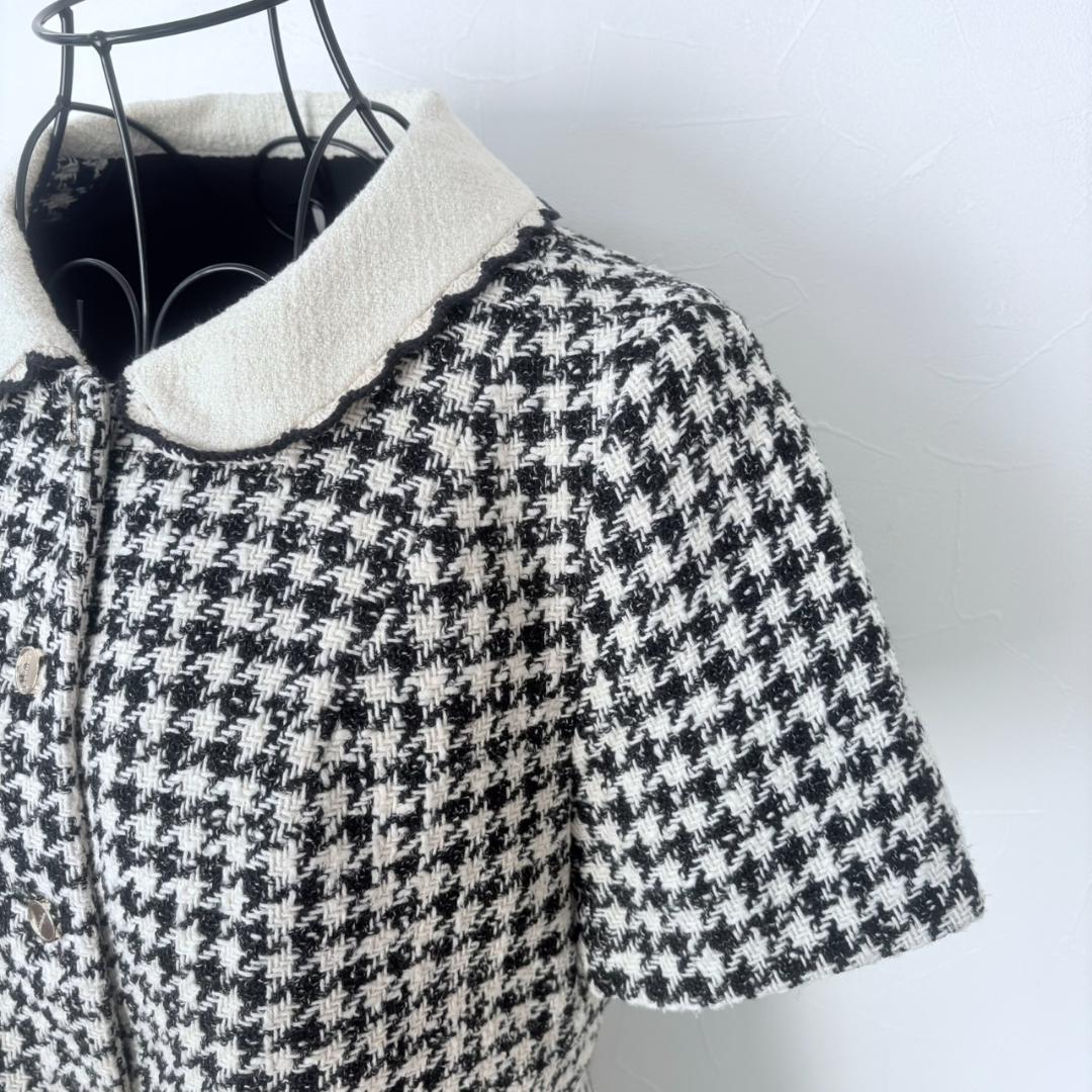 美品 SANDRO サンドロ 千鳥格子 白襟 ワンピース M ハウンドトゥース