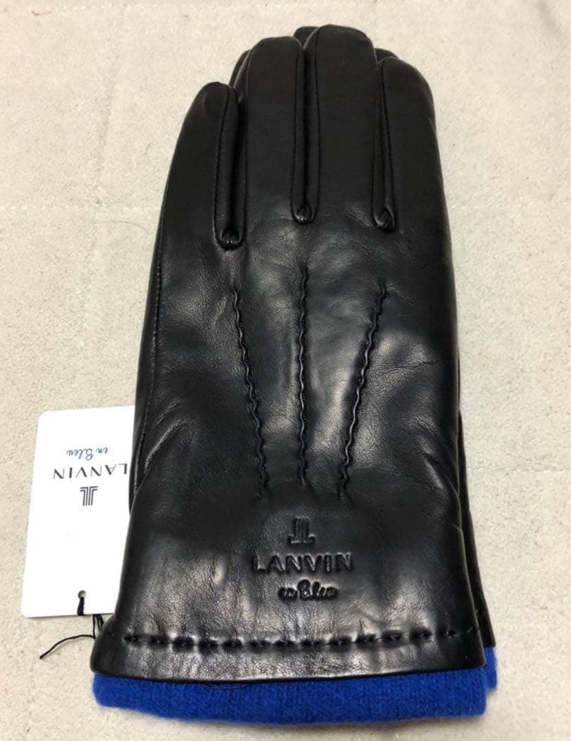 575新品LANVIN en BLue メンズ羊革レザー手袋裏地カシミヤ黒