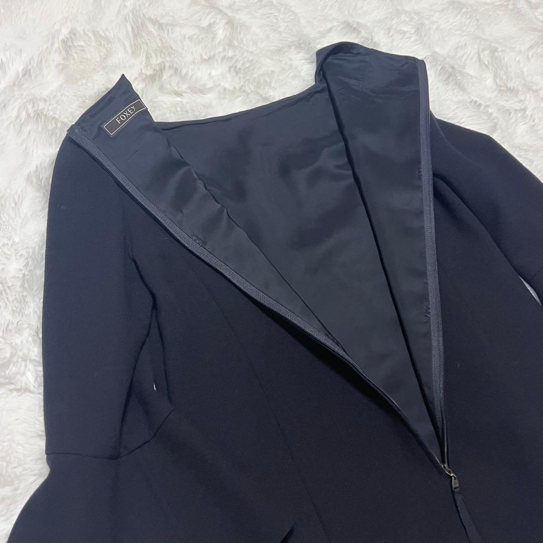 【定価13,8万】 FOXEY ひざ丈 ネイビー ノーカラー ワンピース