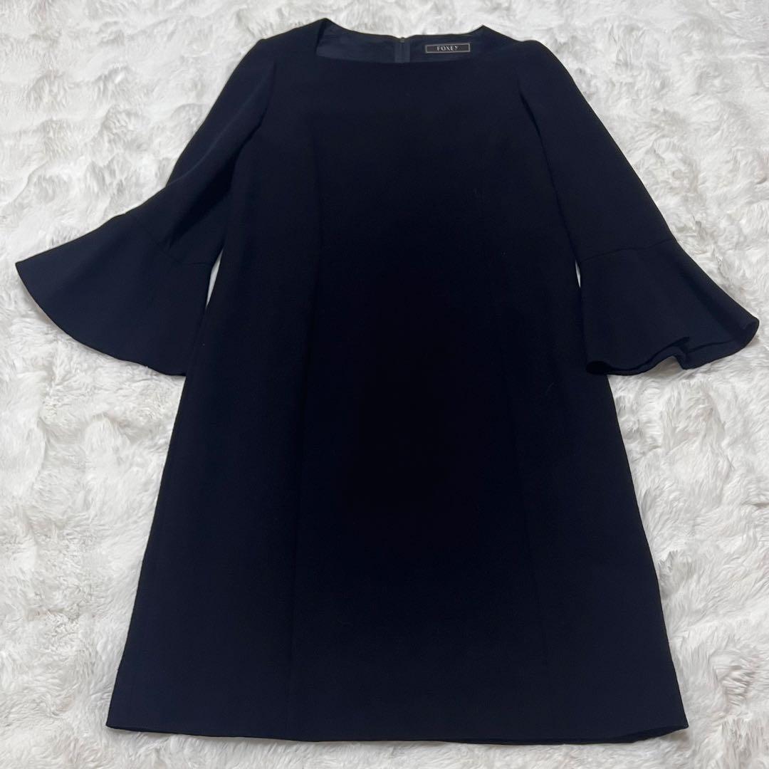 【定価13,8万】 FOXEY ひざ丈 ネイビー ノーカラー ワンピース