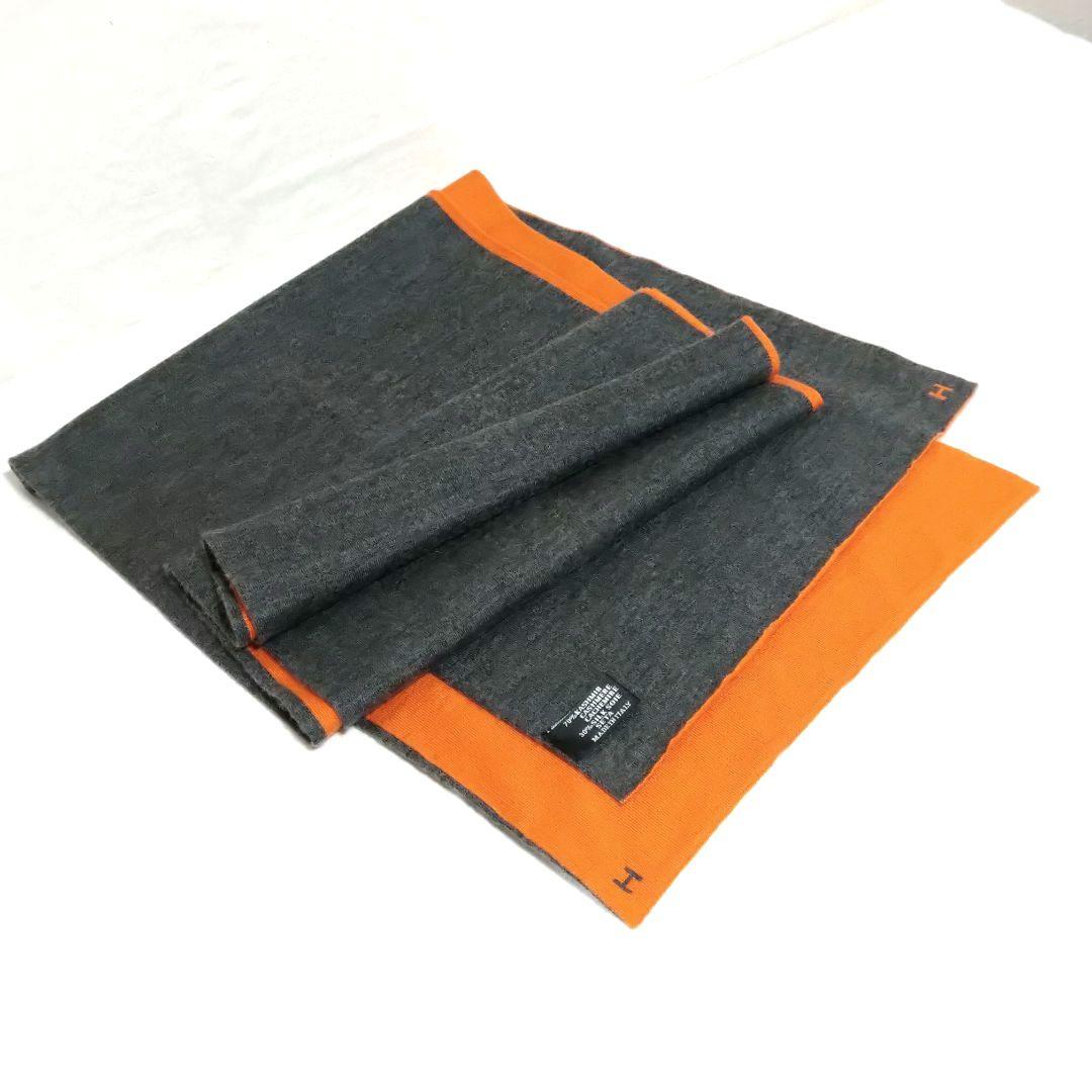 HERMES エルメスオレンジ Hロゴ カシミヤ シルク マフラー なめらか