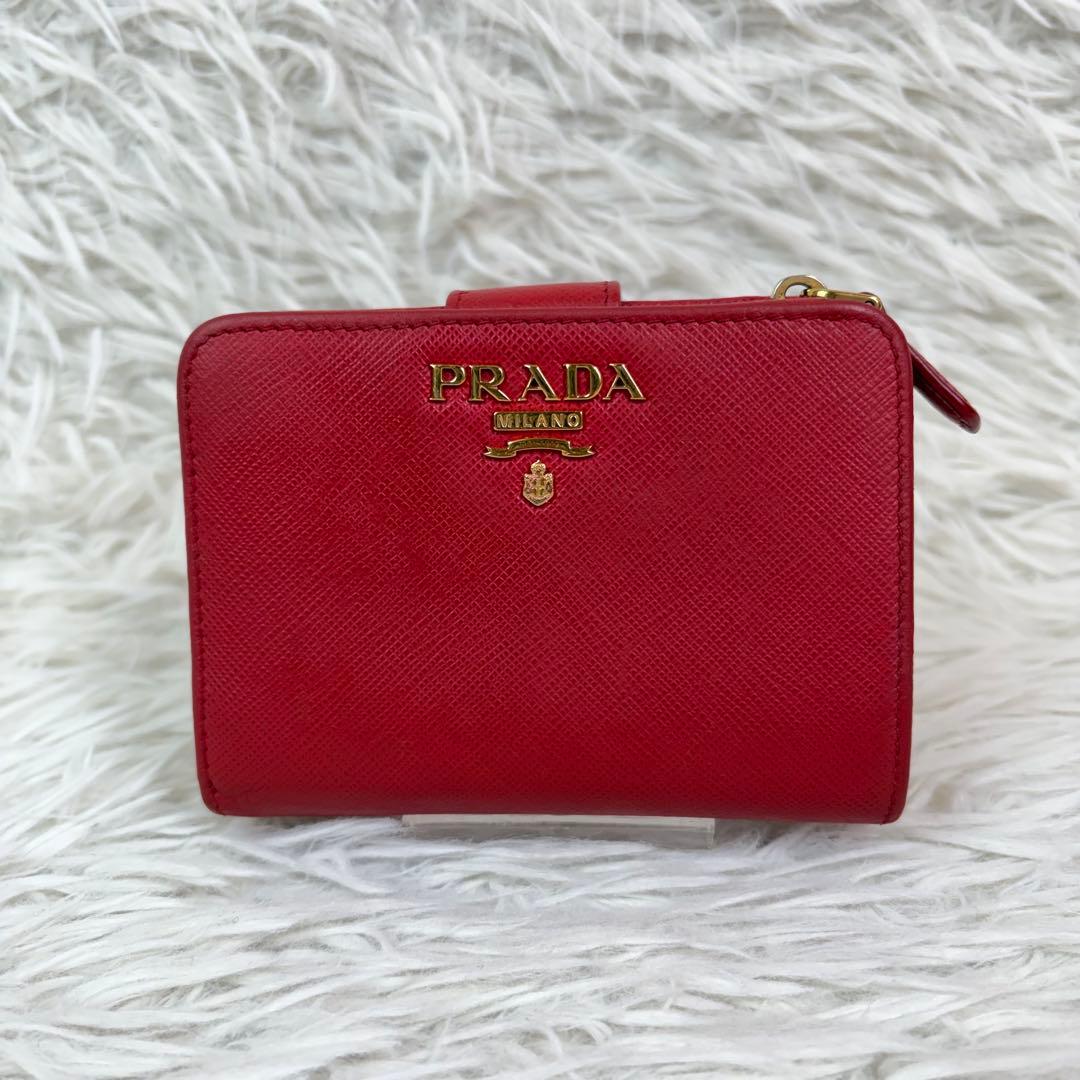 美品✨PRADA プラダ 二つ折り財布 サフィアーノレザー レッド／赤