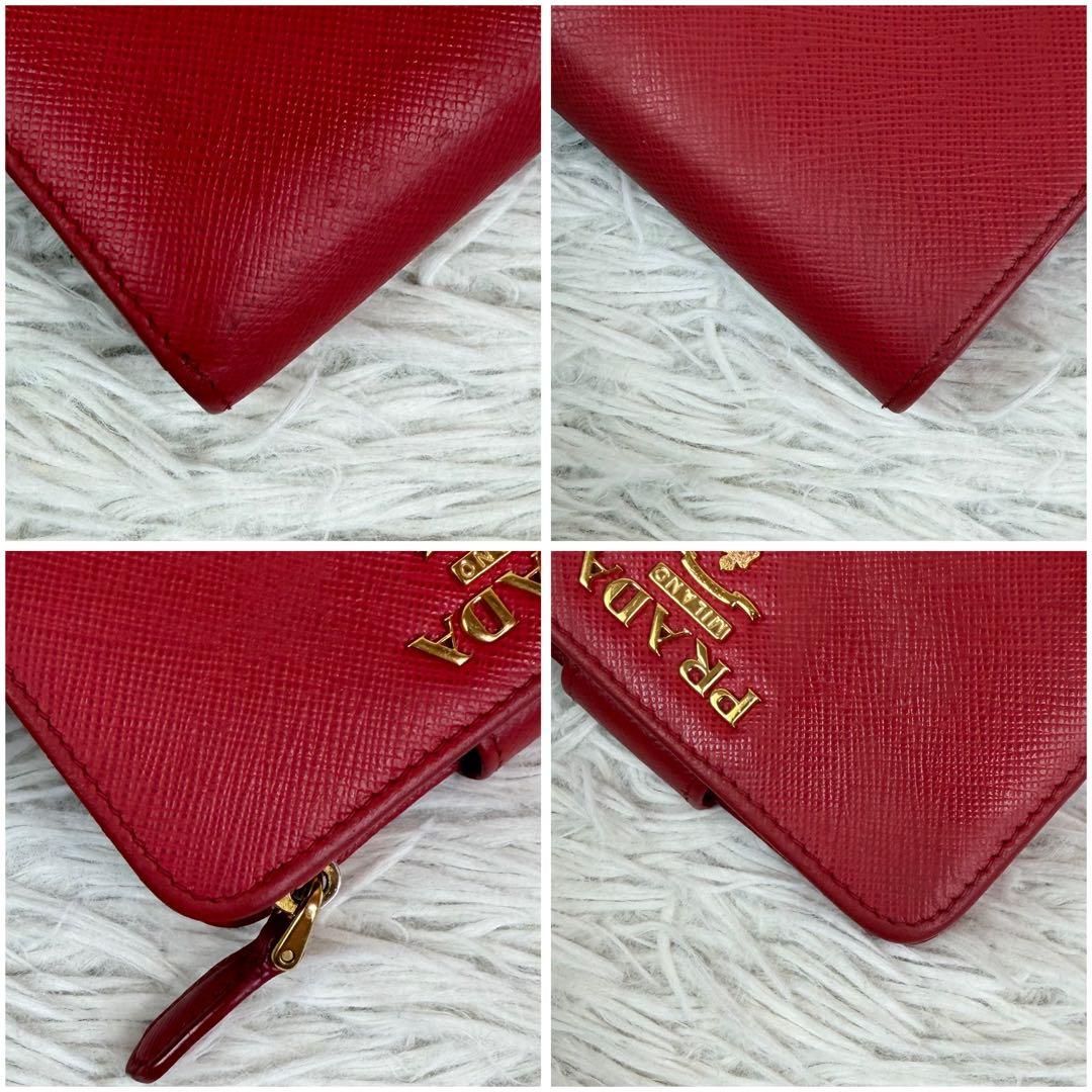 美品✨PRADA プラダ 二つ折り財布 サフィアーノレザー レッド／赤