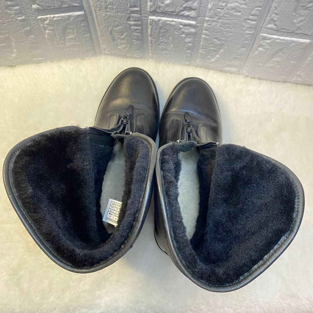UGG フロントジップ ブーツ 23.5cm ブラック ムートン レザー 裏ボア