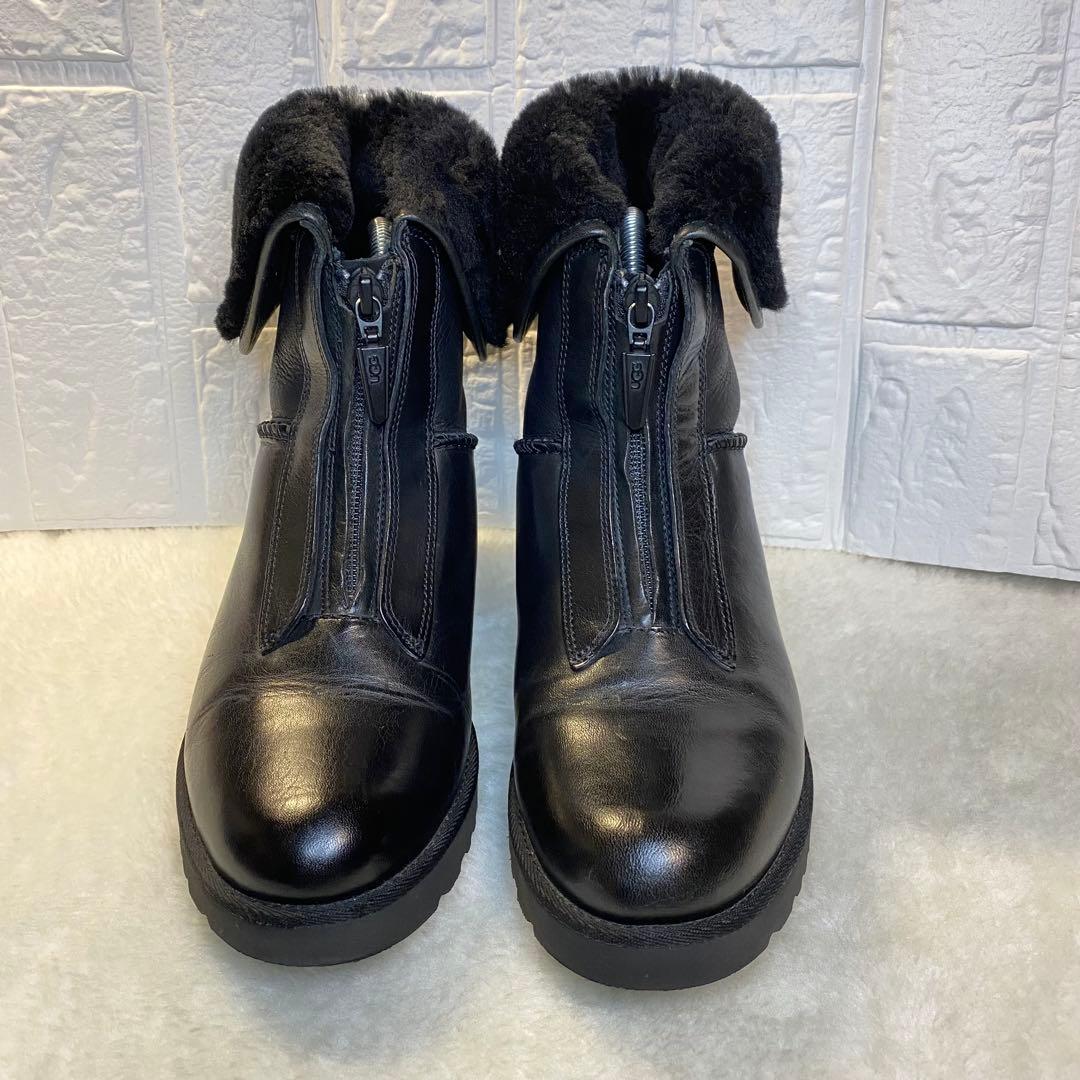 UGG フロントジップ ブーツ 23.5cm ブラック ムートン レザー 裏ボア