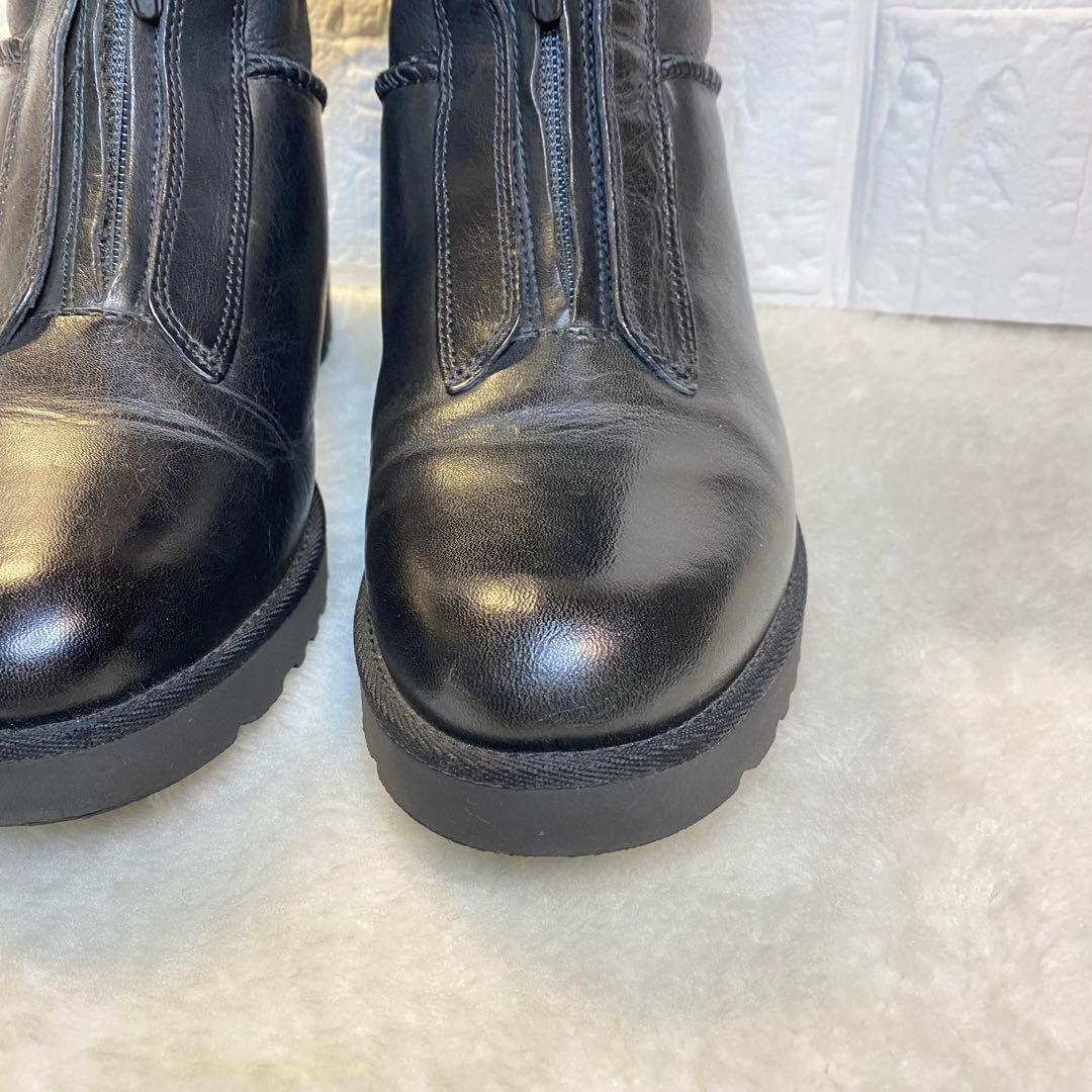 UGG フロントジップ ブーツ 23.5cm ブラック ムートン レザー 裏ボア