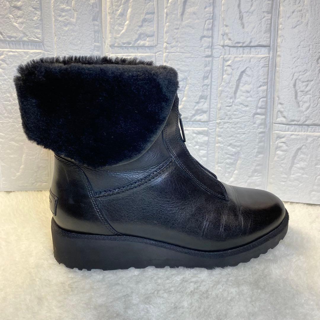 UGG フロントジップ ブーツ 23.5cm ブラック ムートン レザー 裏ボア