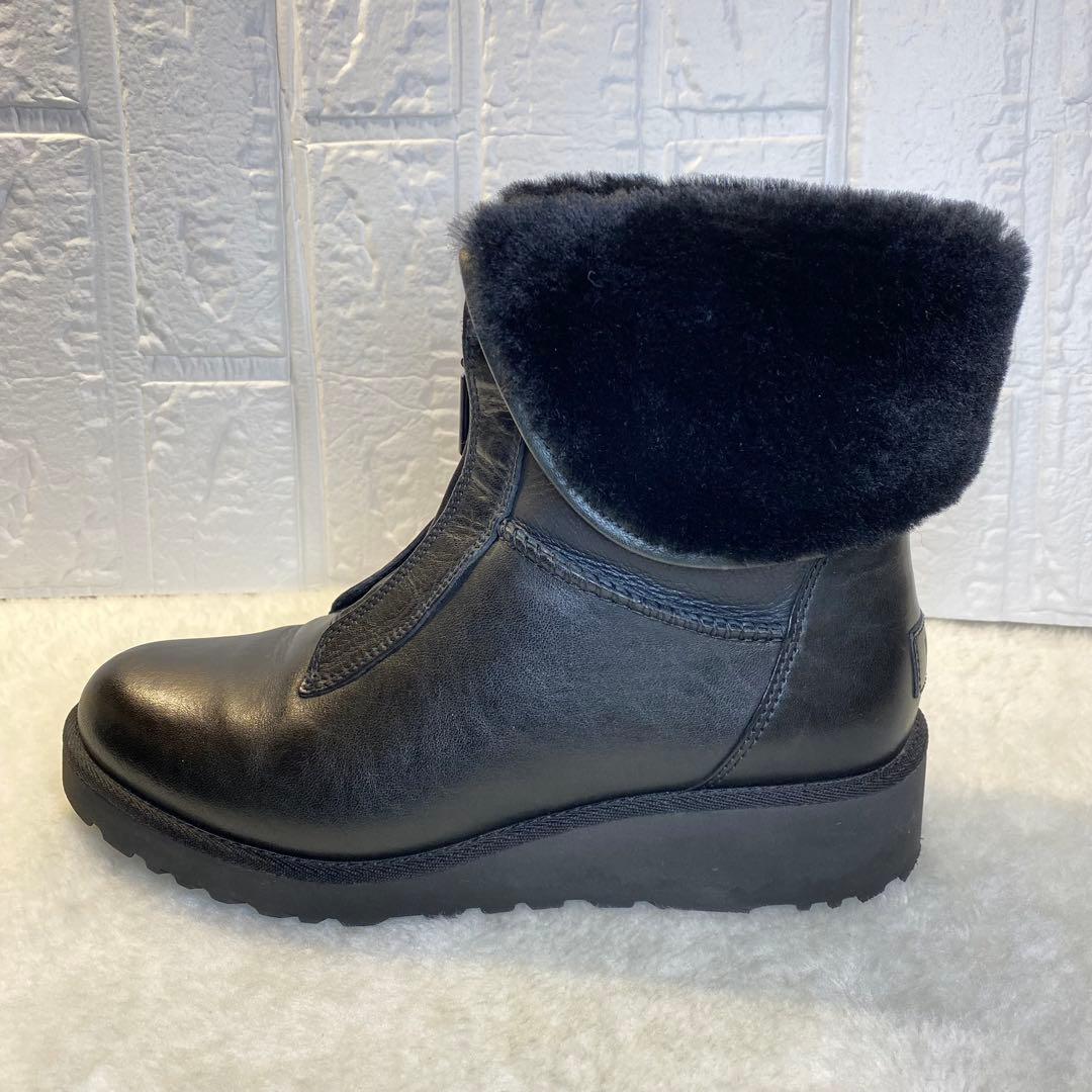 UGG フロントジップ ブーツ 23.5cm ブラック ムートン レザー 裏ボア