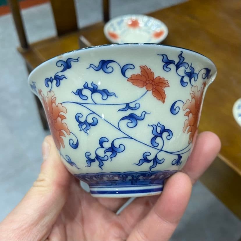 中国茶器 青花釉里紅三才蓋碗 景徳镇 蓋付き茶器 飲茶食器 煎茶具 未使用品