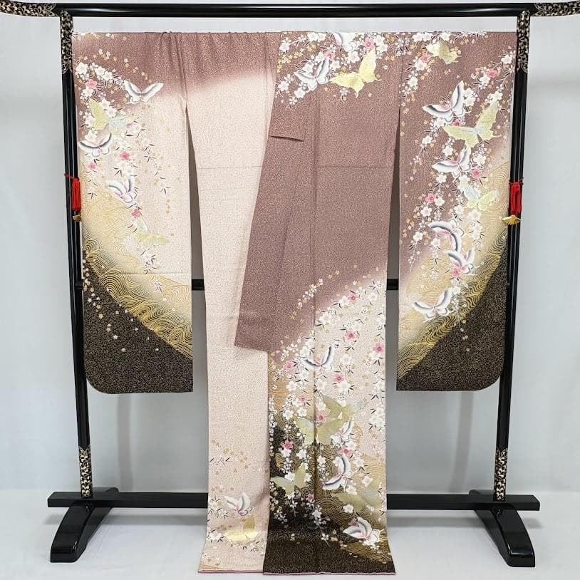ゆりのはな　超トール　本振袖　金彩友禅　ボカシ染め　蝶・桜・流水　正絹　C601