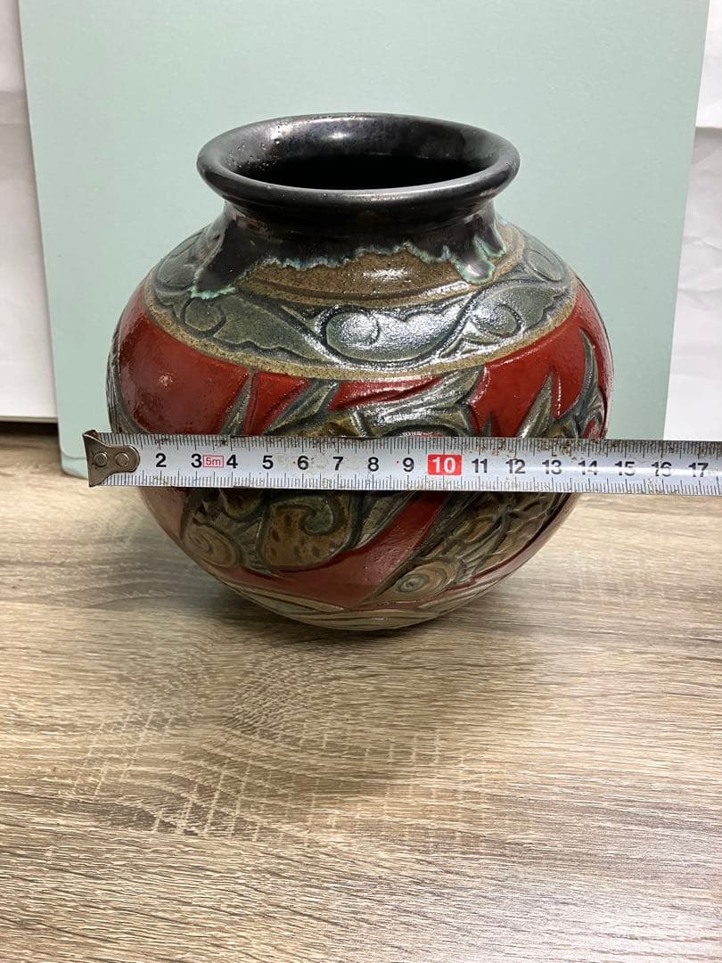 琉球　沖縄　壺屋焼　小橋川卓史作 赤絵魚紋壺　父小橋川清正 やちむん　ヤチムン
