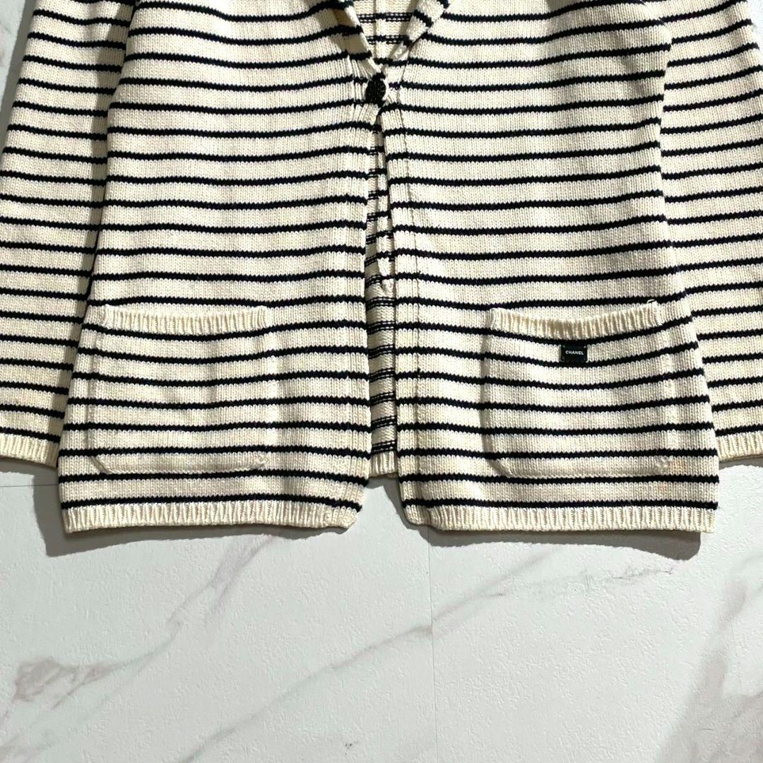 カシミヤ混●CHANEL ニットジャケット ボーダー ロゴ サイズ42 白系