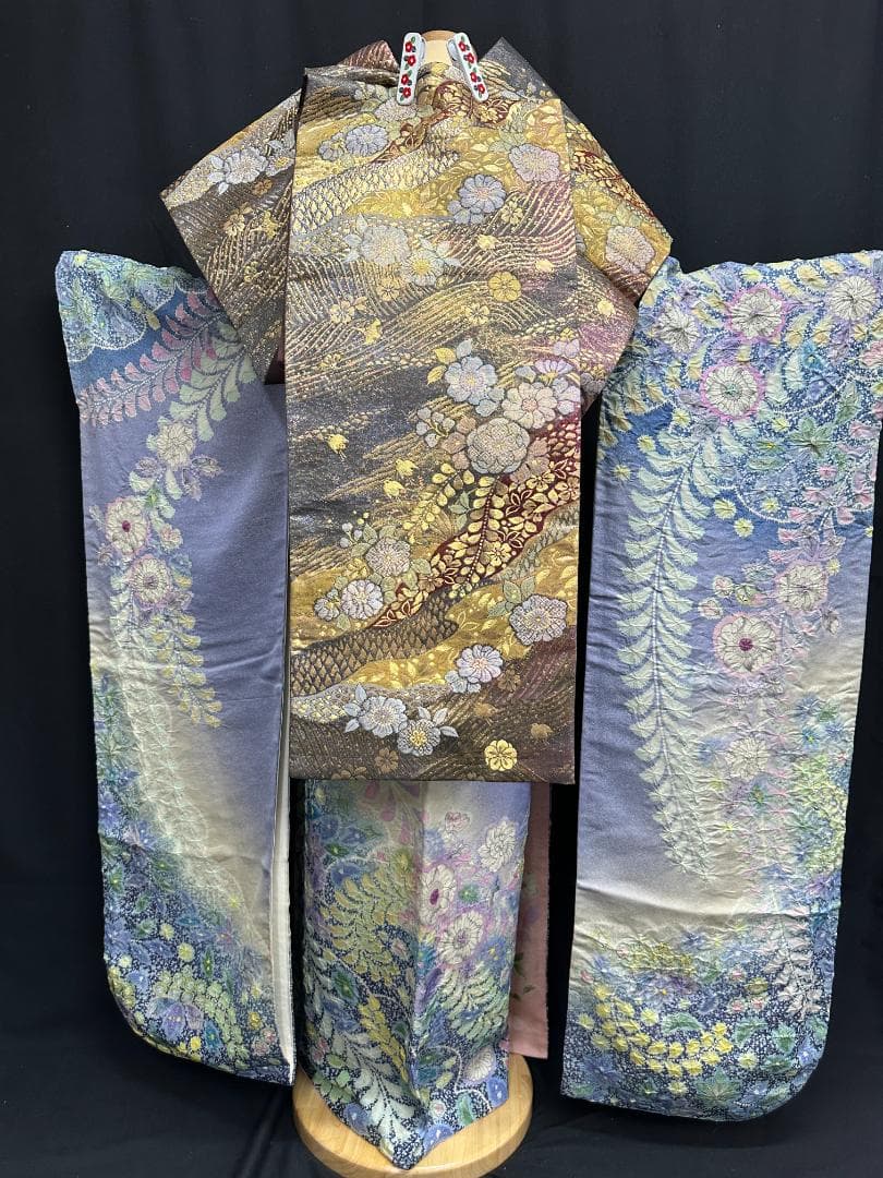 パープル系 辻が花 金通し振袖 辻が花六通柄袋帯フルセット